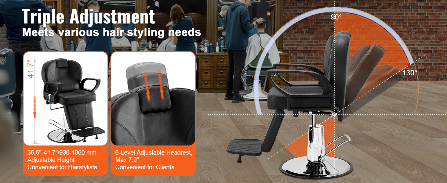 VEVOR salon chair with adjustable height, 6-level headrest, and reclining backrest for hairstylists.