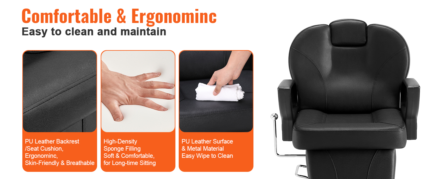 comfortable and ergonomic VEVOR salon chair, easy to clean pu leather, high-density sponge filling.