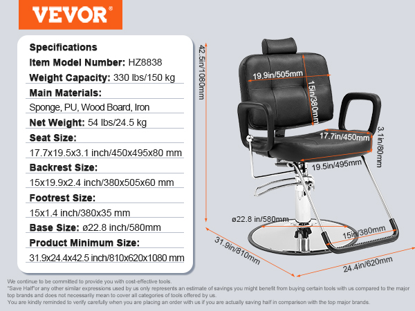 VEVOR salon chair with ergonomic design, adjustable backrest, and footrest; dimensions and specs shown.