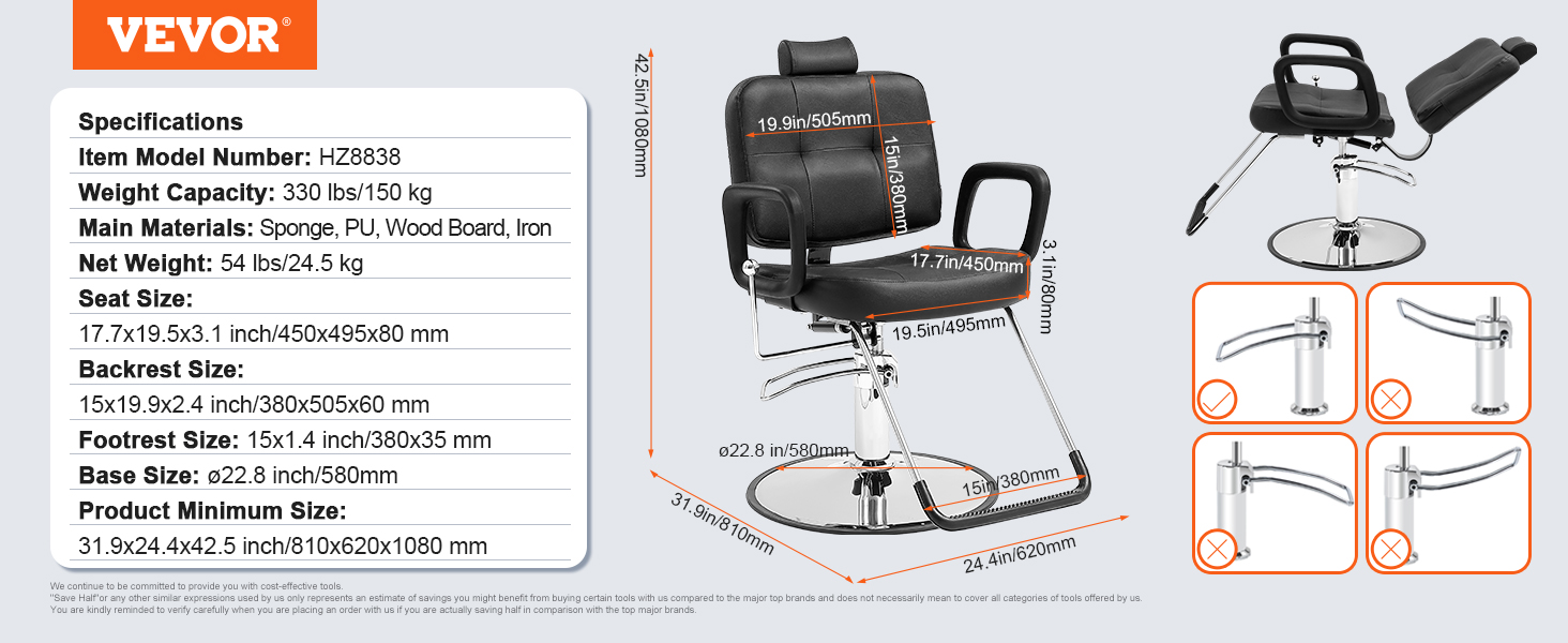 VEVOR salon chair with ergonomic design, adjustable backrest, and footrest; dimensions and specs shown.
