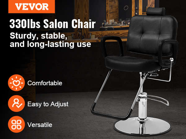 VEVOR salon chair in black, comfortable, easy to adjust, versatile, in a stylish salon setting.