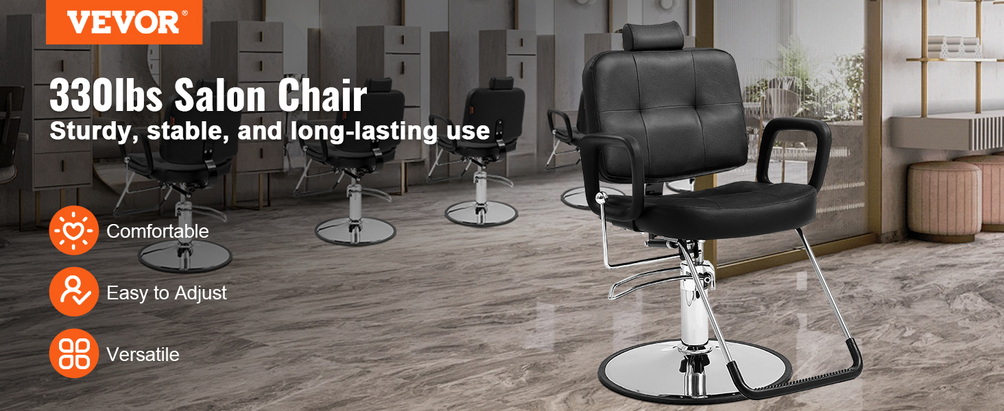 VEVOR salon chair in black, comfortable, easy to adjust, versatile, in a stylish salon setting.