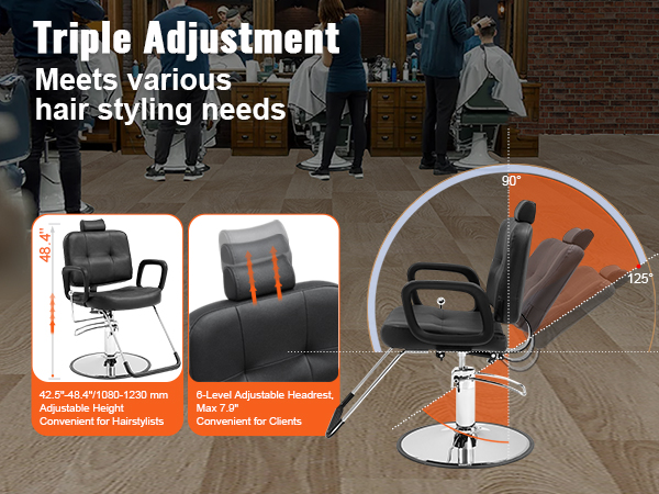VEVOR salon chair features adjustable height, reclining backrest, and 6-level headrest for hairstyling.