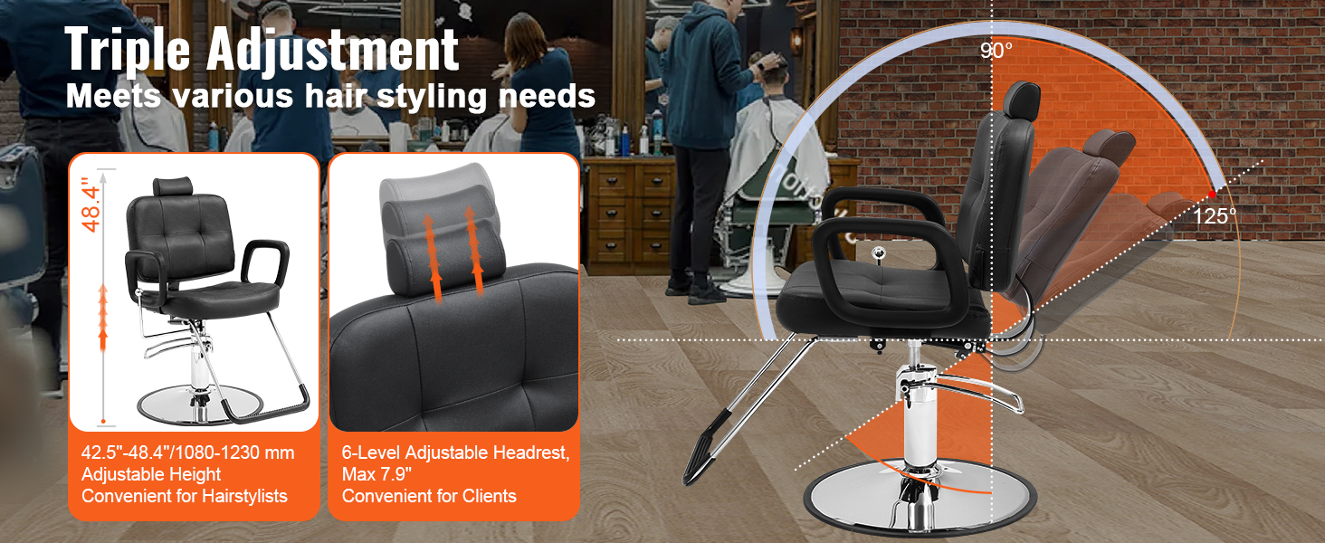 VEVOR salon chair features adjustable height, reclining backrest, and 6-level headrest for hairstyling.