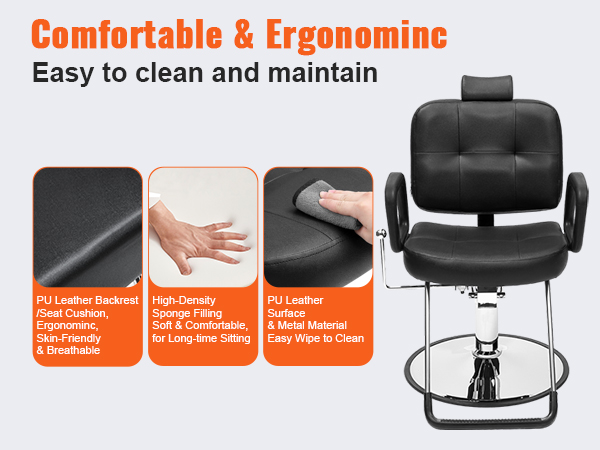 VEVOR salon chair with pu leather, ergonomic design, high-density sponge filling, and easy-clean surface.