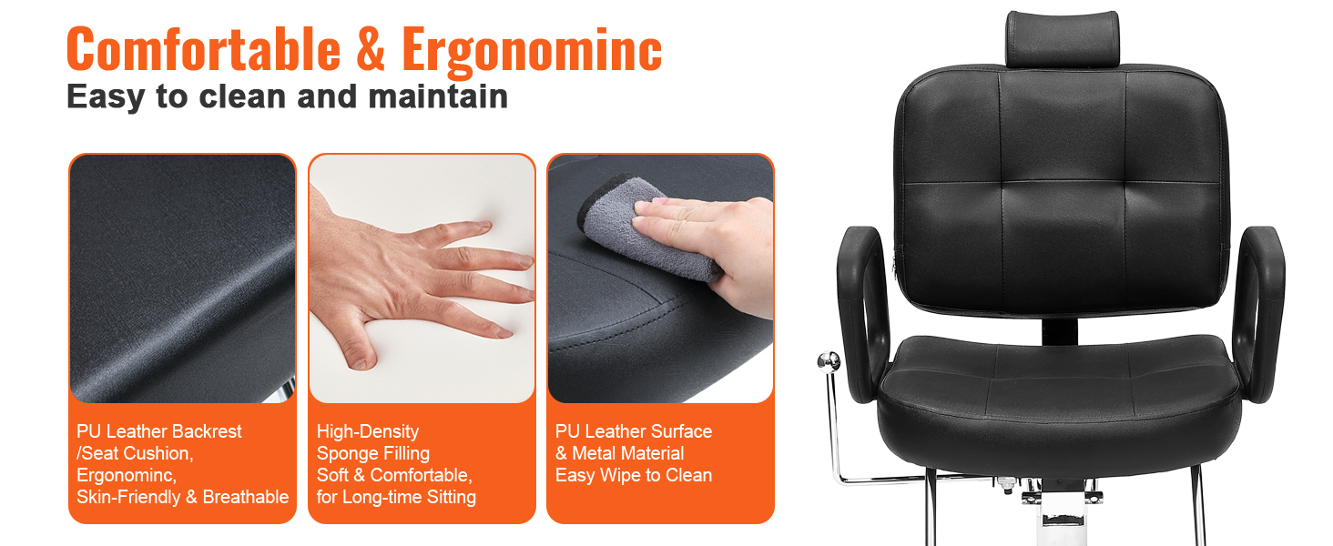 VEVOR salon chair with pu leather, ergonomic design, high-density sponge filling, and easy-clean surface.