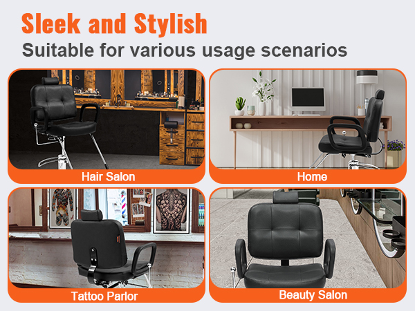 VEVOR salon chair showcased in hair salon, home office, tattoo parlor, and beauty salon settings.