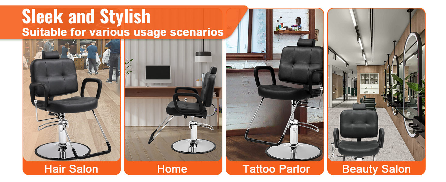 VEVOR salon chair showcased in hair salon, home office, tattoo parlor, and beauty salon settings.