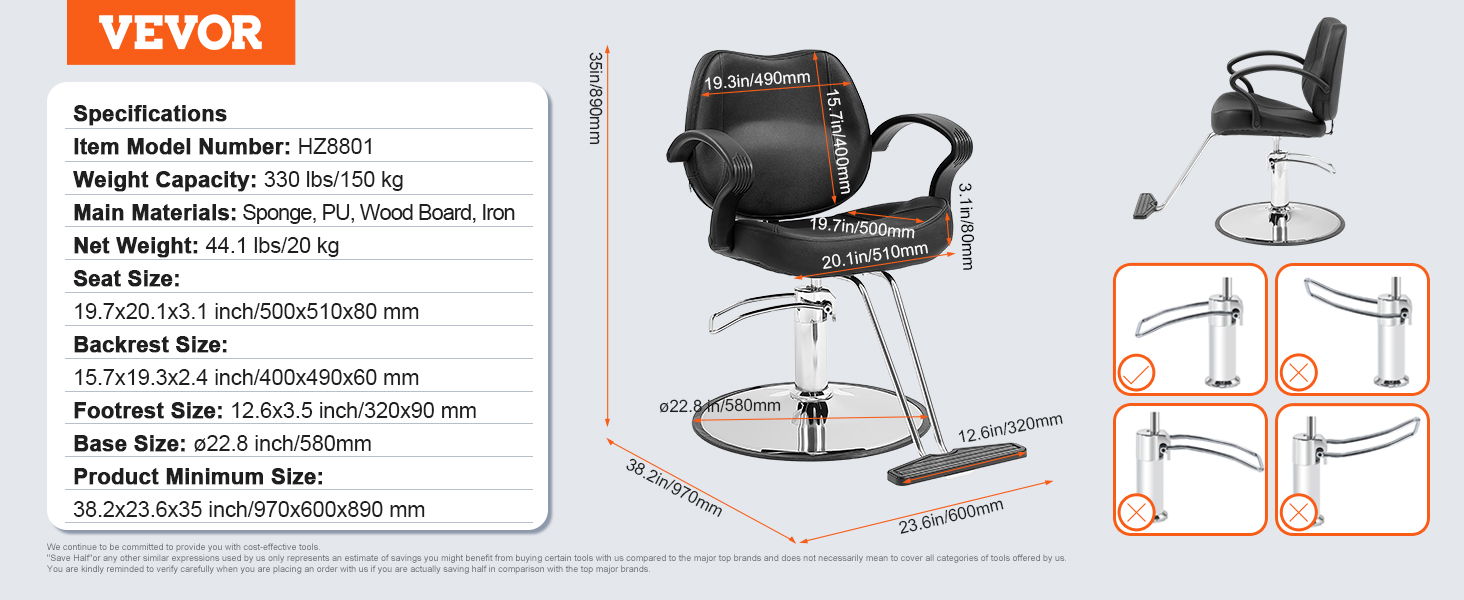VEVOR salon chair specs and measurements: 330 lbs weight capacity, adjustable footrest, and armrests.