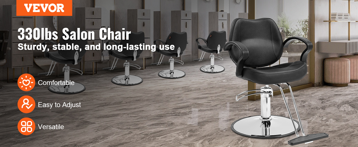 VEVOR salon chair in stylish salon, 330lbs capacity, black seat, chrome base, with comfort icons.