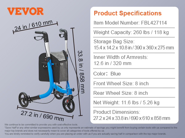 VEVOR rollator walker in blue with 8-inch wheels, storage bag, and dimensions (27.2x24x33.8 in).