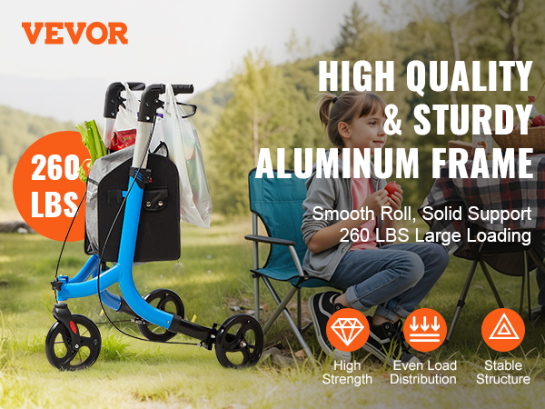 VEVOR rollator walker with sturdy aluminum frame, 260 lbs capacity, picnic scene in the background.