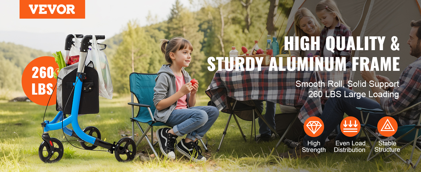 VEVOR rollator walker with sturdy aluminum frame, 260 lbs capacity, picnic scene in the background.