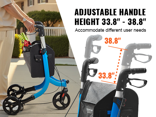 VEVOR rollator walker with adjustable handle height of 33.8" to 38.8", black basket, outdoor setting.