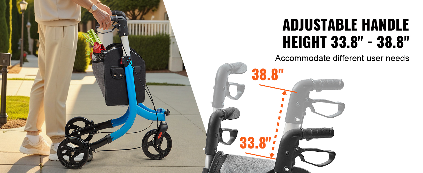 VEVOR rollator walker with adjustable handle height of 33.8" to 38.8", black basket, outdoor setting.