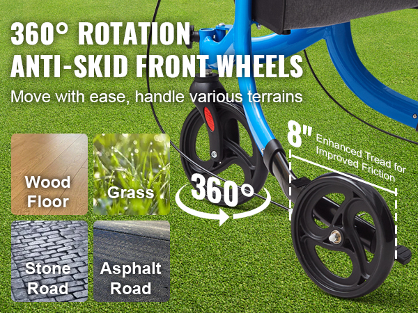 360° rotation anti-skid front wheels on VEVOR rollator walker, suitable for wood floor, grass, stone road, and asphalt road.