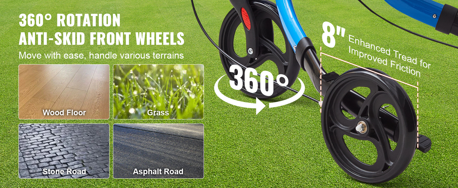 360° rotation anti-skid front wheels on VEVOR rollator walker, suitable for wood floor, grass, stone road, and asphalt road.
