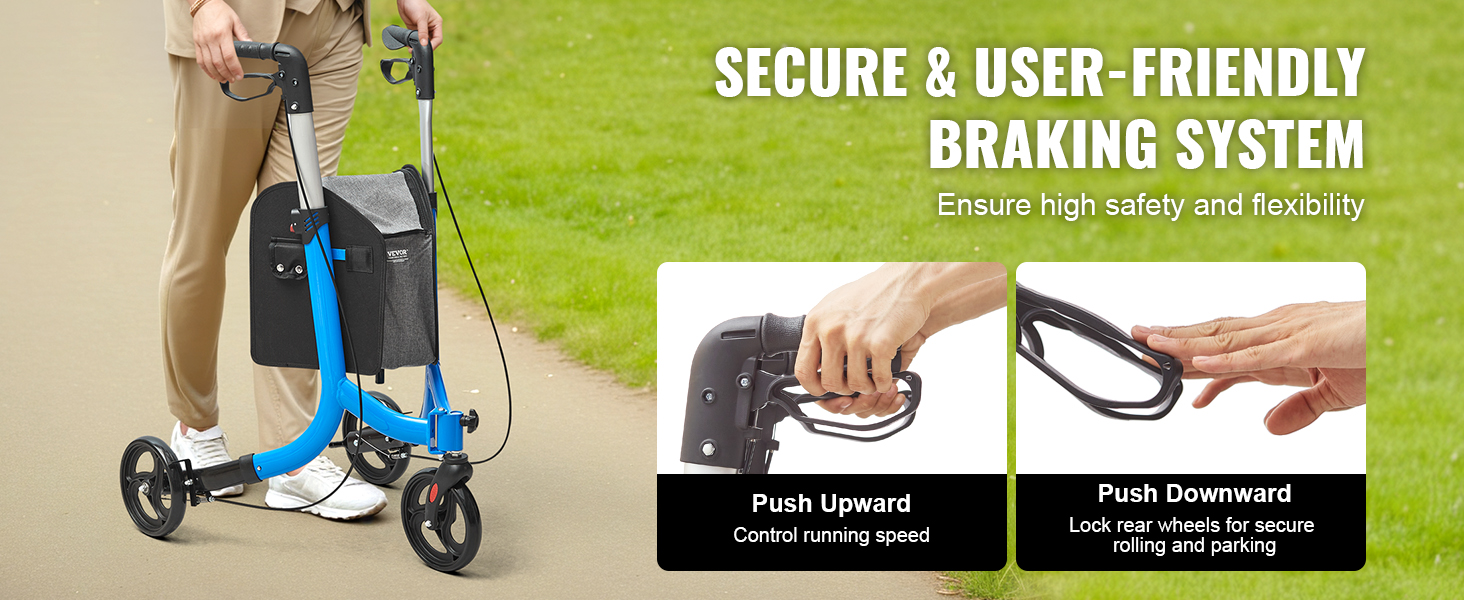person walking with a VEVOR rollator walker, showcasing secure and user-friendly braking system.