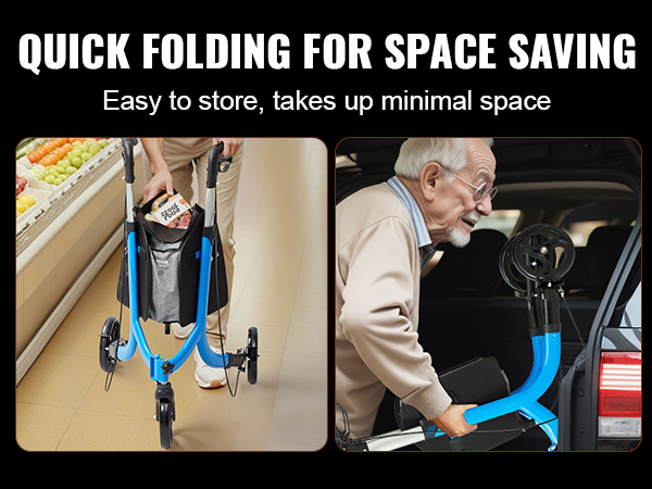 VEVOR rollator walker folds for space-saving storage, perfect for shopping and easy car loading.