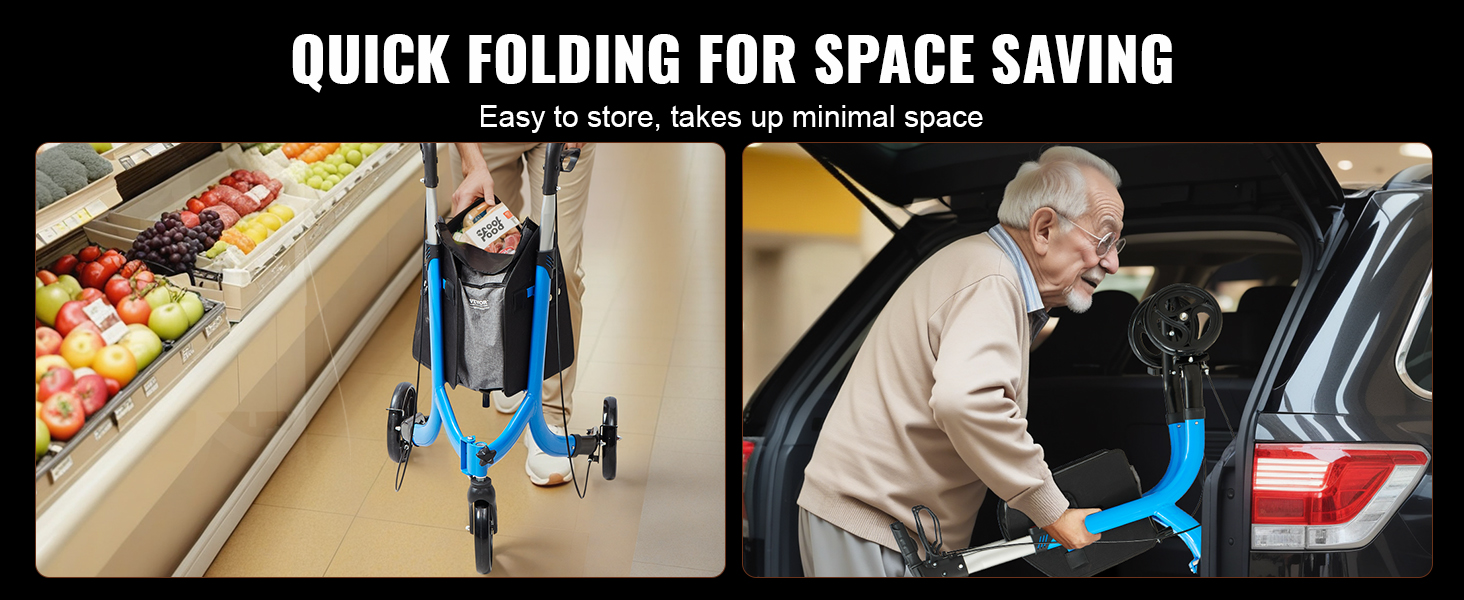 VEVOR rollator walker folds for space-saving storage, perfect for shopping and easy car loading.