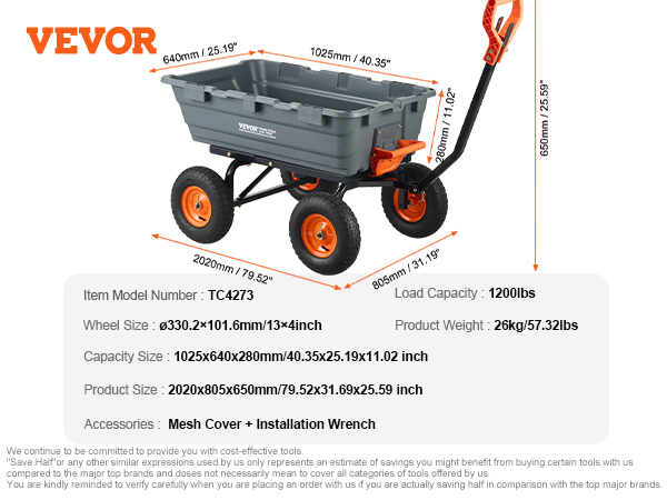VEVOR dump cart dimensions and features: 1200lbs load capacity, 330mm wheels, 1025x640mm capacity size.