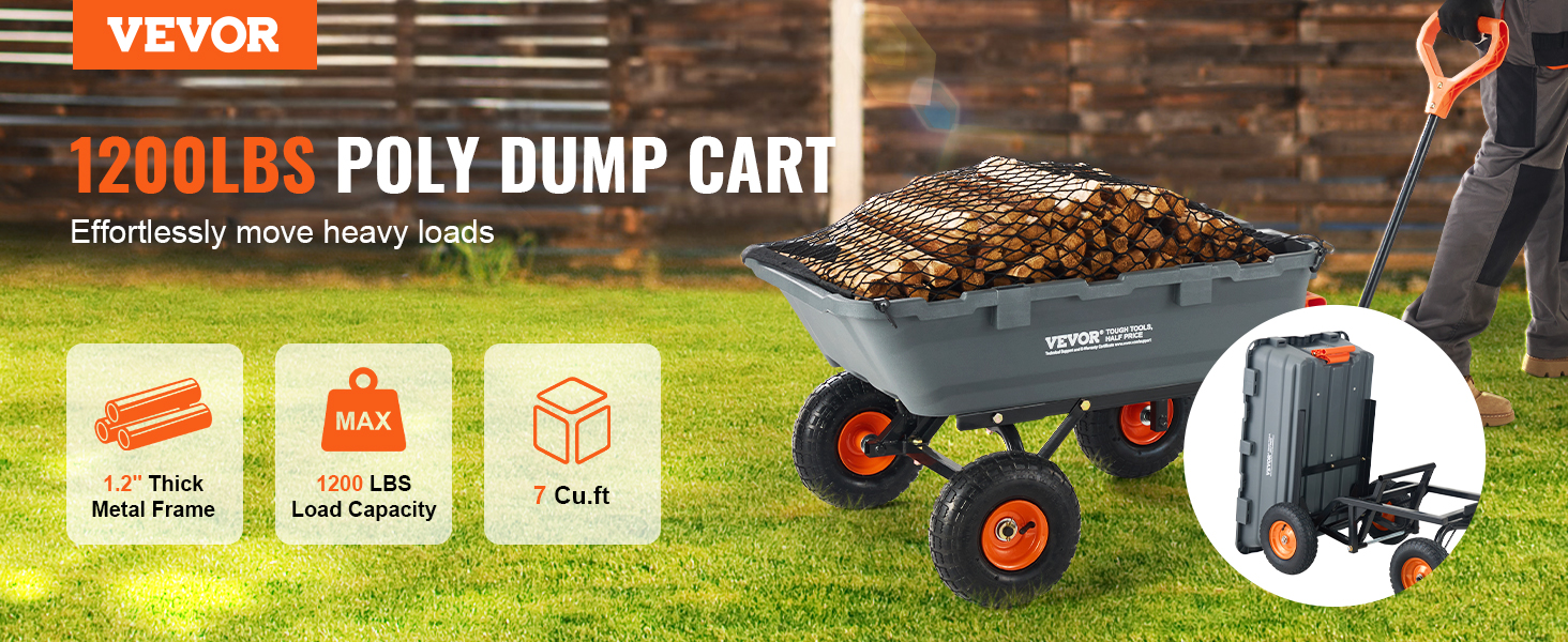 VEVOR dump cart with 1200lbs load capacity, thick metal frame, and 7 cu.ft storage filled with logs.