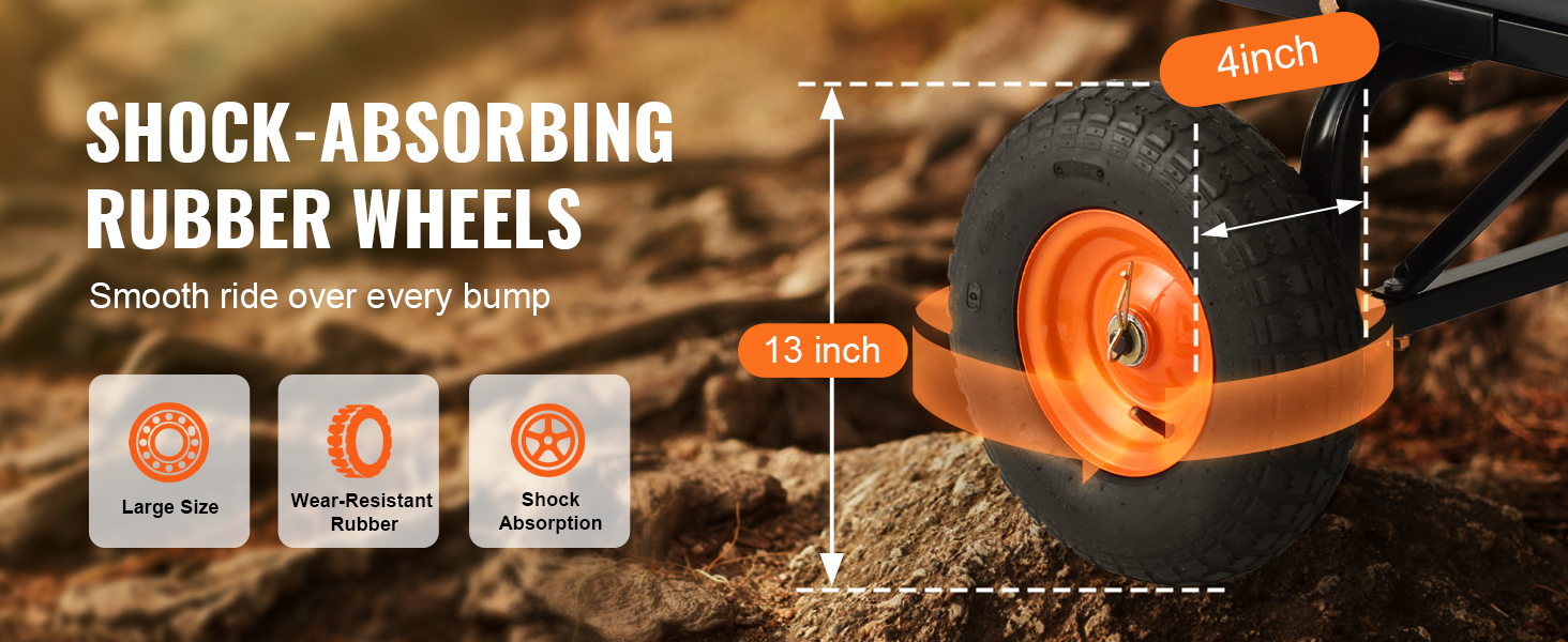 shock-absorbing rubber wheels with 13-inch size on the VEVOR dump cart for smooth rides over rough terrain.
