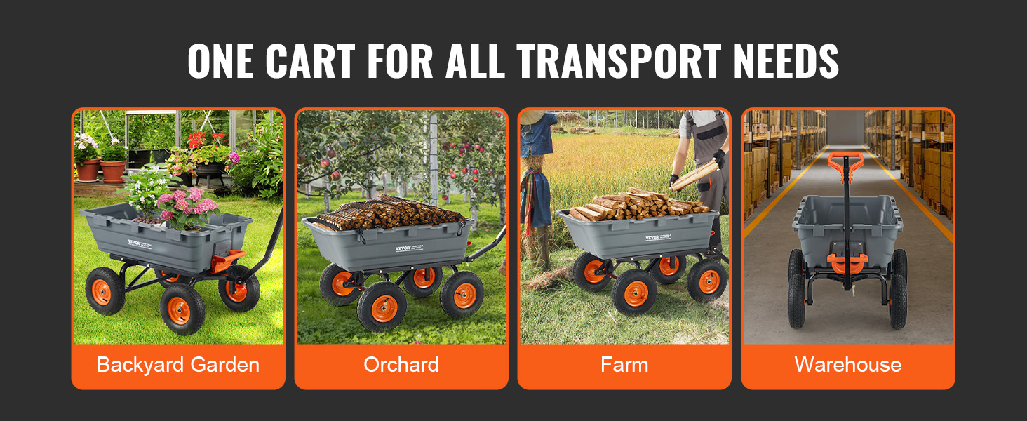 VEVOR dump cart for backyard garden, orchard, farm, and warehouse transport needs.