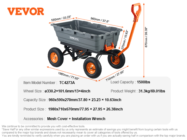 VEVOR dump cart with 1500lbs capacity, 13x4-inch wheels, and mesh cover + installation wrench.