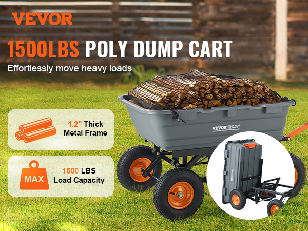 VEVOR dump cart carrying firewood, highlighting 1500 lbs load capacity and 1.2-inch thick metal frame.