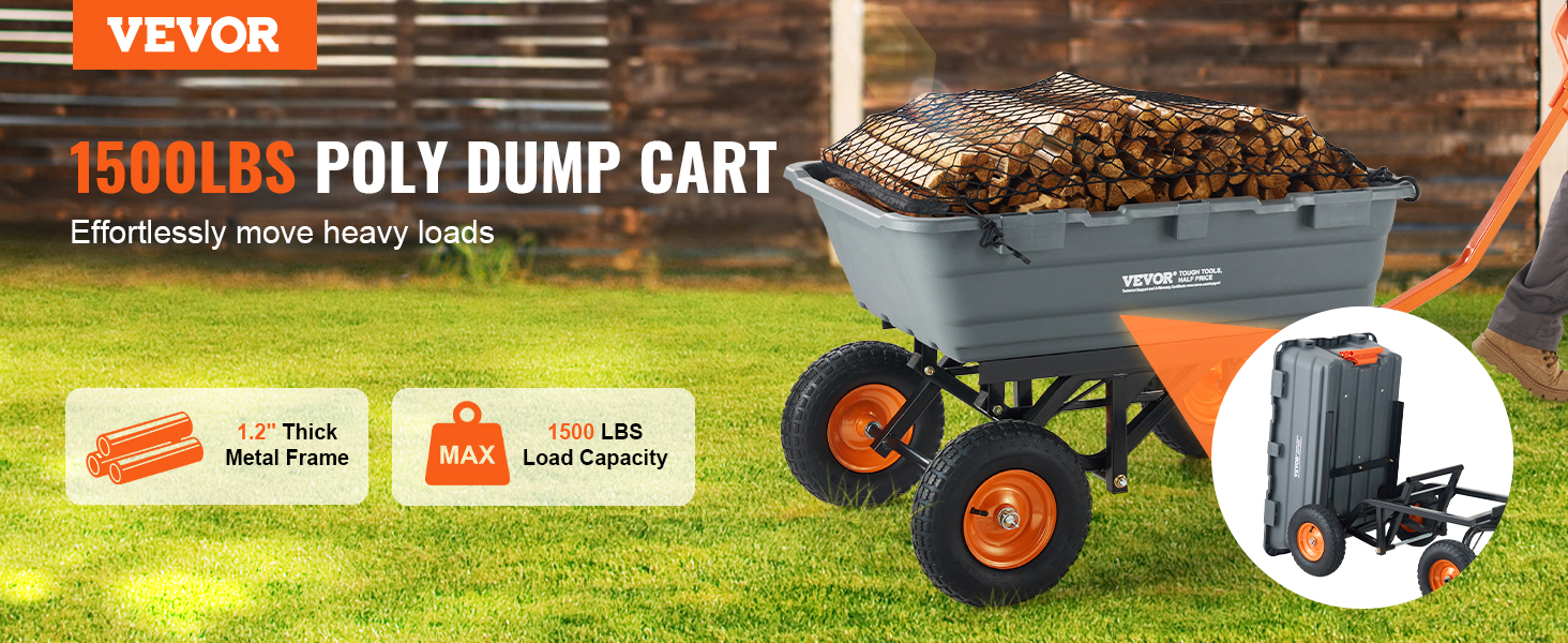 VEVOR dump cart carrying firewood, highlighting 1500 lbs load capacity and 1.2-inch thick metal frame.