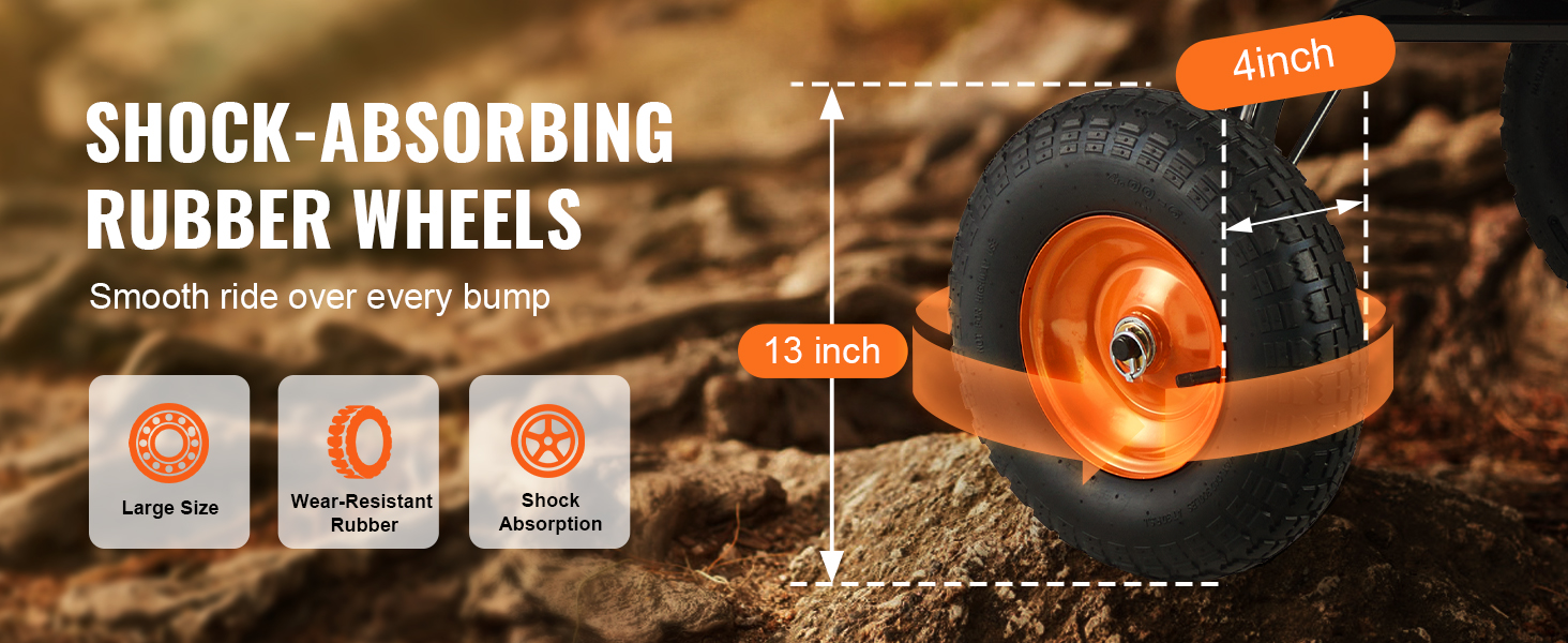 shock-absorbing 13-inch wear-resistant rubber wheels for smooth ride on VEVOR dump cart.