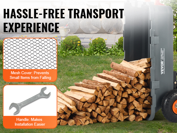 VEVOR dump cart unloading firewood with features: mesh cover, handle, and frame handle for quick unloading.