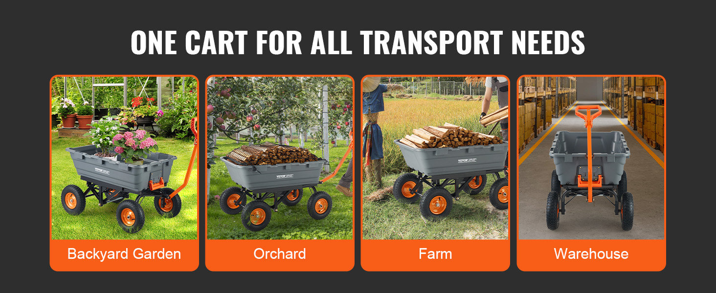 VEVOR dump cart for backyard garden, orchard, farm, and warehouse, showcasing its versatility.