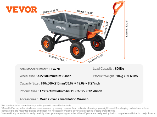 VEVOR dump cart tc4270 with 800lb load capacity, 10x3.5" wheels, mesh cover, and installation wrench.