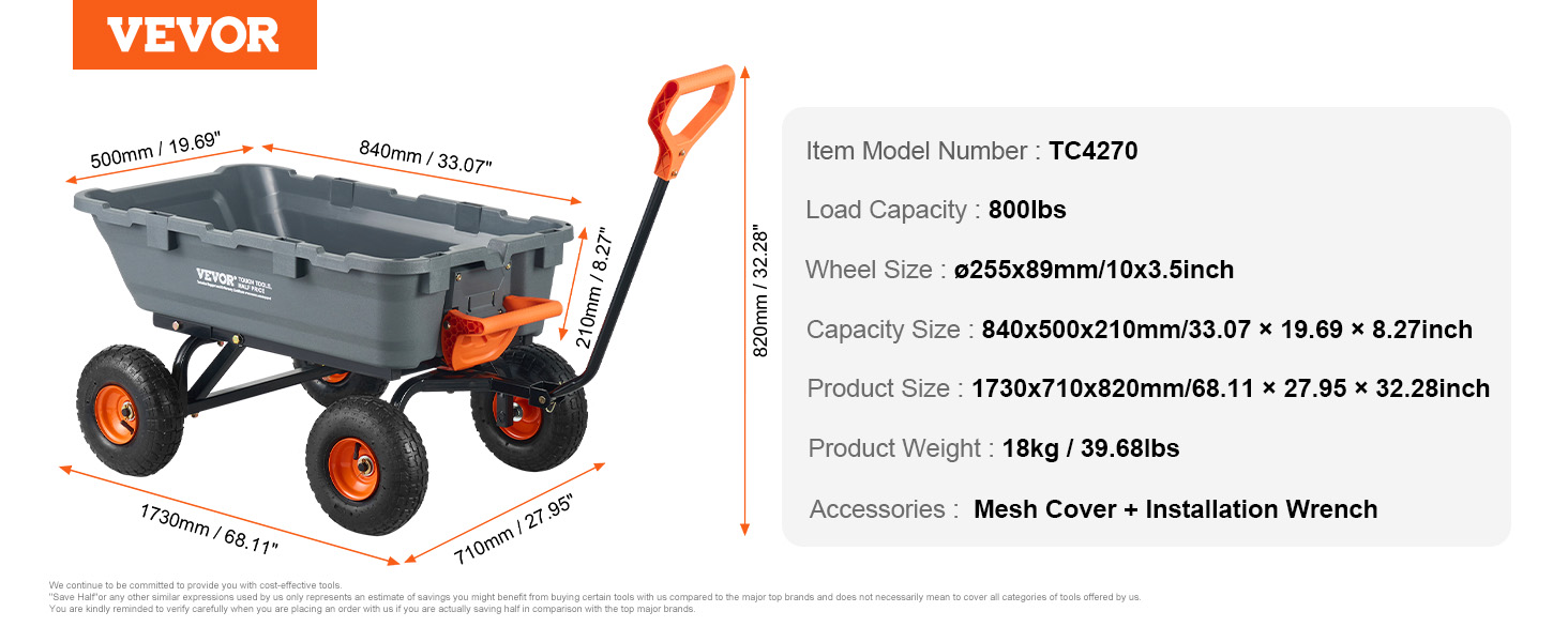 VEVOR dump cart tc4270 with 800lb load capacity, 10x3.5" wheels, mesh cover, and installation wrench.