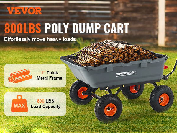 VEVOR dump cart with 800 lbs capacity, metal frame, and easy maneuvering on grass.