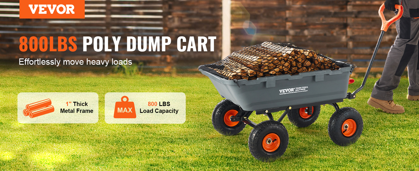 VEVOR dump cart with 800 lbs capacity, metal frame, and easy maneuvering on grass.