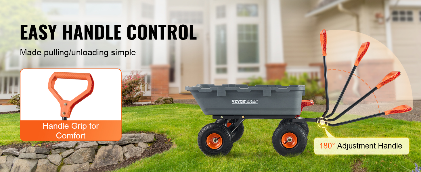 VEVOR dump cart with adjustable handle and comfortable grip for easy pulling and unloading.