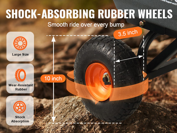 shock-absorbing 10-inch rubber wheels with 3.5-inch width, ensuring smooth ride for VEVOR dump cart.