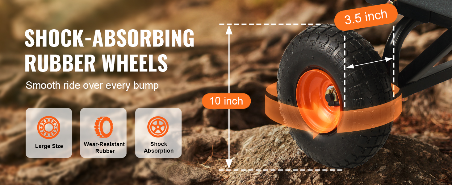 shock-absorbing 10-inch rubber wheels with 3.5-inch width, ensuring smooth ride for VEVOR dump cart.