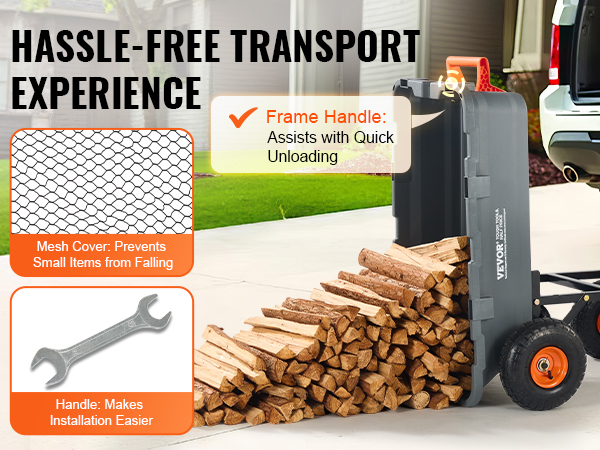 VEVOR dump cart transporting firewood with mesh cover, handle, and frame handle for easy unloading.