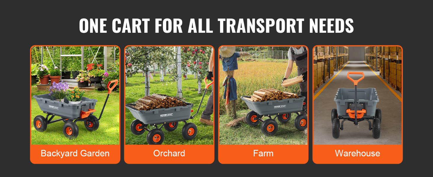 VEVOR dump cart for garden, orchard, farm, and warehouse use. reliable for all transport needs.
