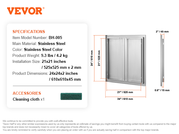 VEVOR bbq access door, stainless steel, 24"x21", 9.3 lbs, includes cleaning cloth.