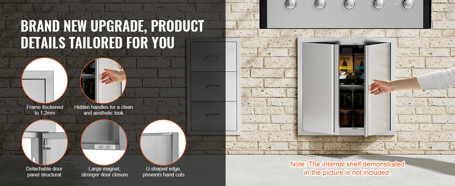 VEVOR bbq access door with thick 1.2mm frame, hidden handles, strong magnet, u-shaped edge for safety.