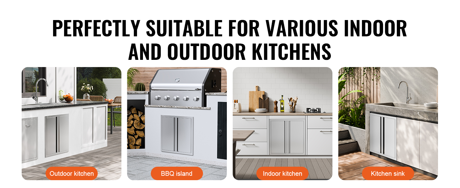 VEVOR bbq access door in outdoor kitchens, bbq islands, indoor kitchens, and kitchen sinks settings.