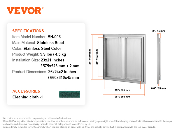 VEVOR bbq access door, stainless steel, 26x24x2 inches, includes cleaning cloth, model bh-006.