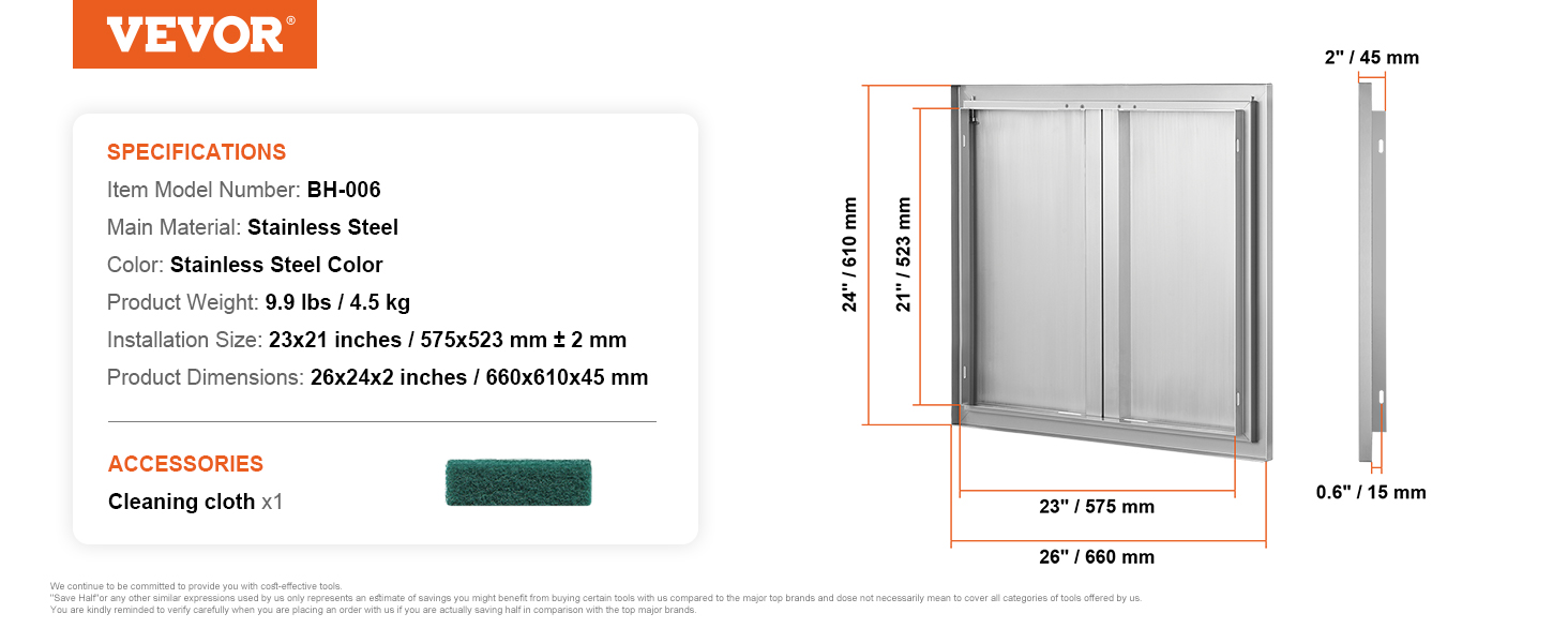 VEVOR bbq access door, stainless steel, 26x24x2 inches, includes cleaning cloth, model bh-006.