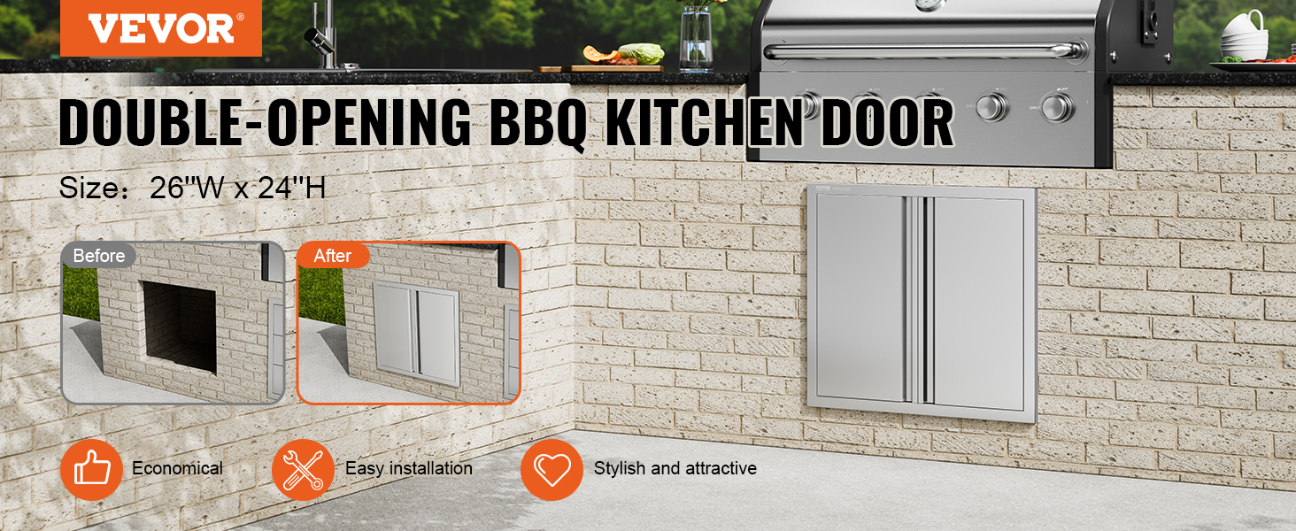 VEVOR bbq access door, double-opening kitchen door, easy installation, economical, stylish, 26"w x 24"h.