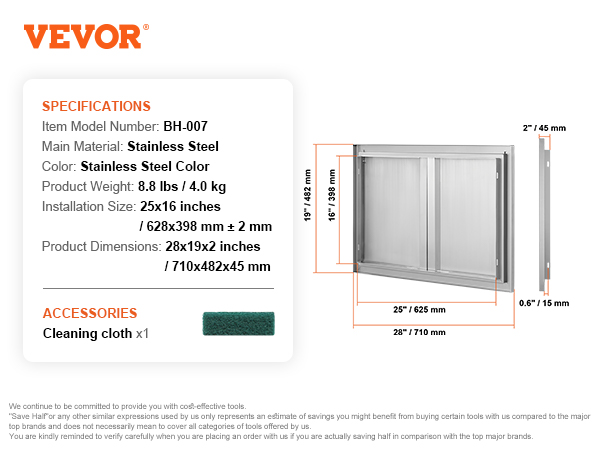 VEVOR bbq access door bh-007, stainless steel, 25x16 inches, includes cleaning cloth.